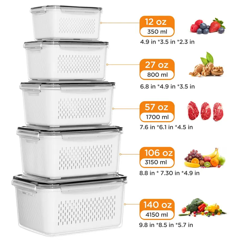 5‑Pack Stackable Fridge Storage Containers with Removable Colander, BPA‑Free Fresh Keeper for Fruit, Berry, Salad, Veggies & Meat