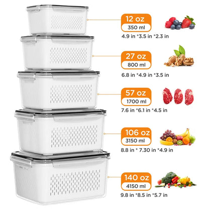 5‑Pack Stackable Fridge Storage Containers with Removable Colander, BPA‑Free Fresh Keeper for Fruit, Berry, Salad, Veggies & Meat